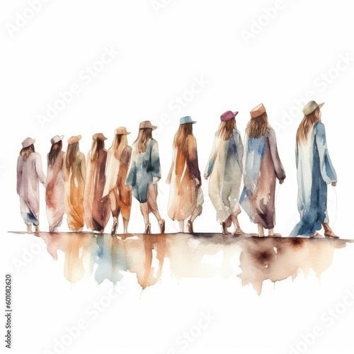watercolor of a line of graduates walking across the stage