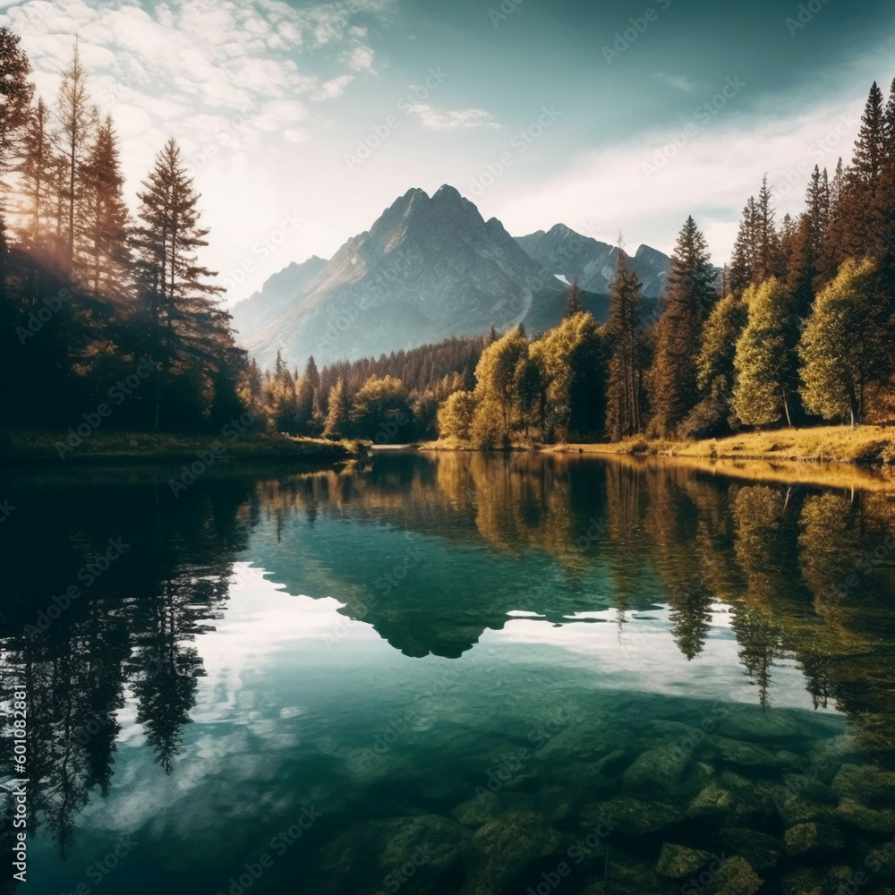 Lake with mountains and trees. AI generative