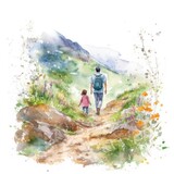 watercolor of a father and child hiking on a mountain trail