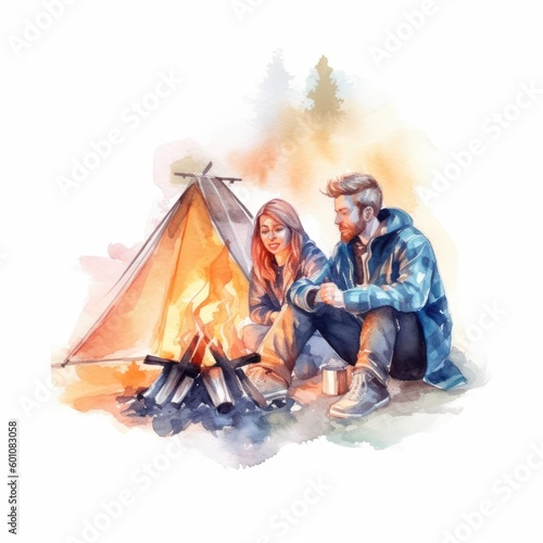 watercolor of a couple sitting around a bonfire on a camping trip