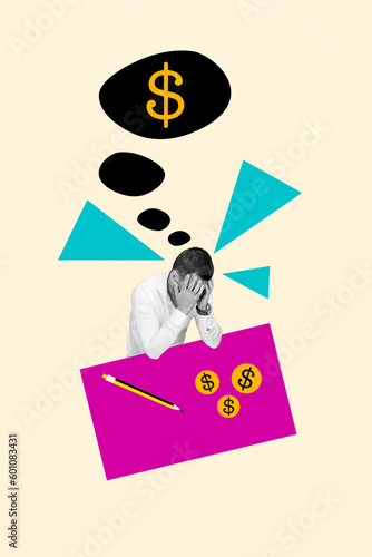 Illustration collage picture of businessman hands head headache migraine overthinking about money issues isolated on beige background © deagreez