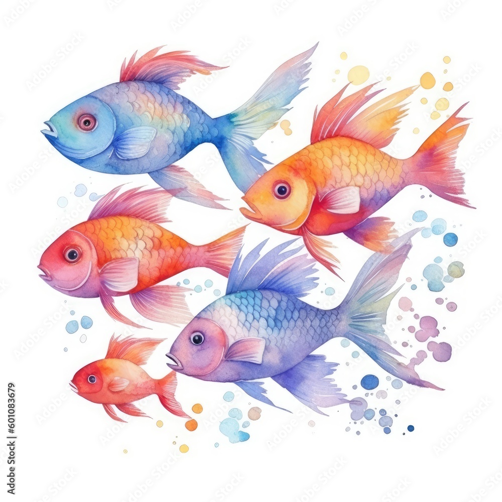 Naklejka premium watercolor of a group of colorful fish swimming together in a school