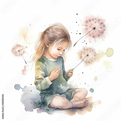 watercolor a child blowing dandelion seeds
