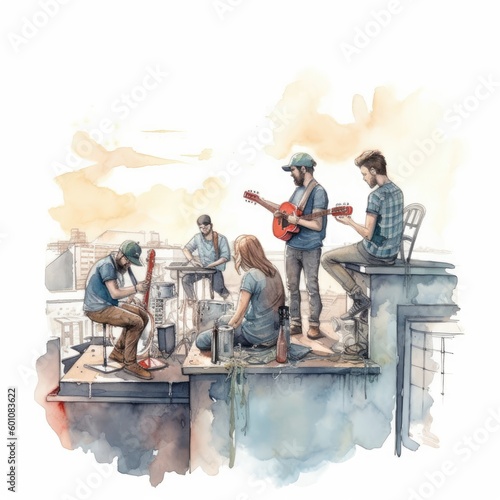 watercolor a band playing on a rooftop