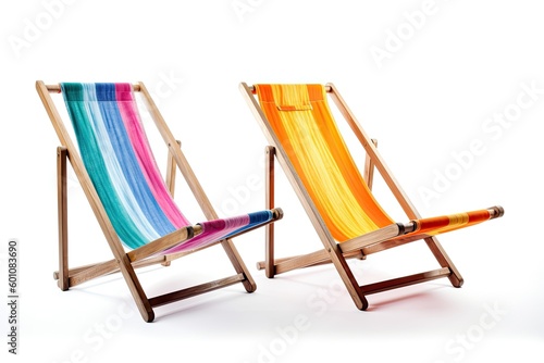 Two beach chairs on a white background. Generative AI