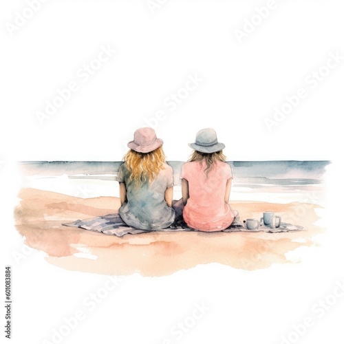 watercolor of Two friends sitting on the beach