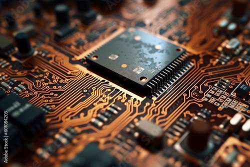 Macro photography of Electronic Circuit Board top view. AI generative