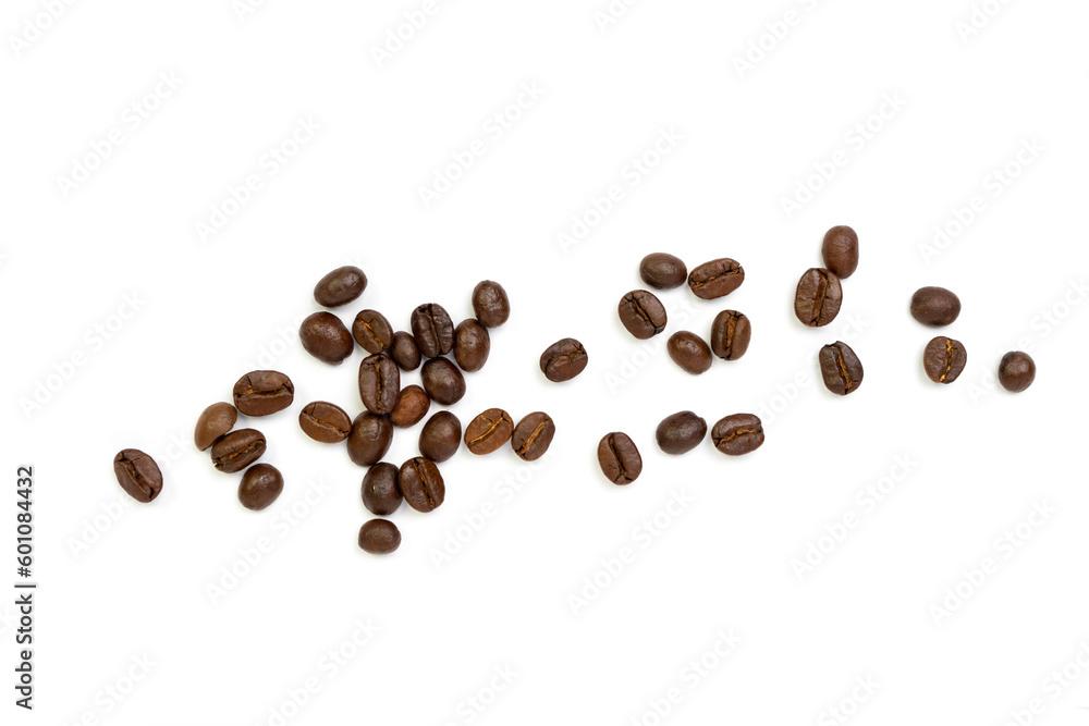 Roasted coffee beans pile from top on white background, Coffee beans. Isolated on a white background. Roasted coffee beans pile from top on white background, Coffee beans. Isolated on a white background.