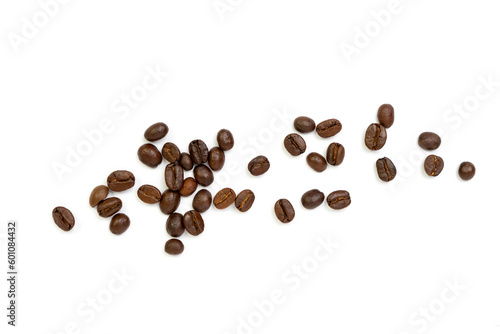 Roasted coffee beans pile from top on white background, Coffee beans. Isolated on a white background.