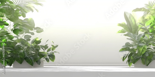 Minimal empty white marble stone counter table top  green house plants in sunlight  plant leaf shadow on beige wall  luxury organic cosmetic  skincare  beauty treatment product mock up background. AI