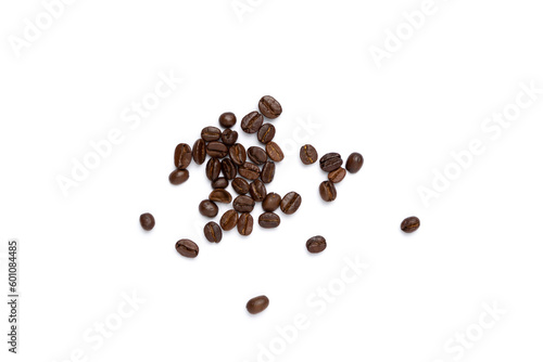 Roasted coffee beans pile from top on white background, Coffee beans. Isolated on a white background.