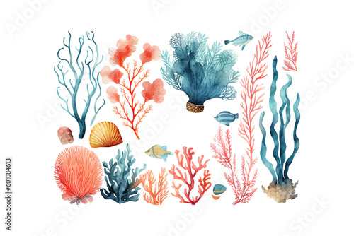 Fotografering Watercolor corals and fish. Vector illustration desing.