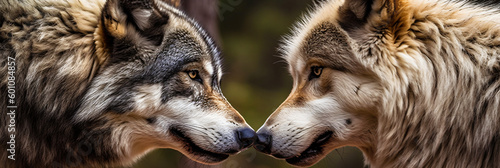 closeup of two wolves aggressive look into each other's eyes, wolf versus wolf, wolf vs wolf, opposite, generative ai
