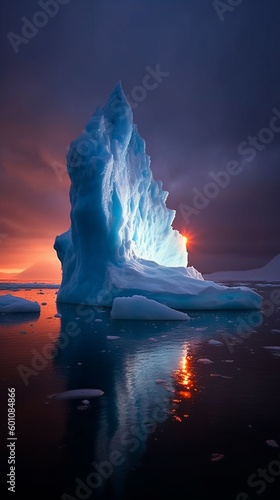 Floating iceberg with a mesmerizing sunset in the background.generative ai