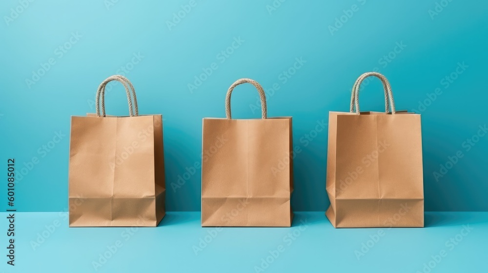 Small paper shopping bags on blue background Small paper shopping bags on blue background