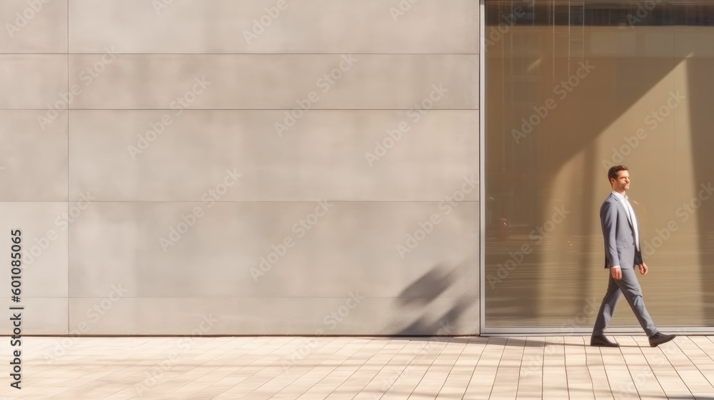 Man walking by sunlit wall background with copyspace Man walking by sunlit wall background with copyspace