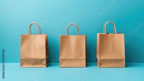 Small paper shopping bags on blue background