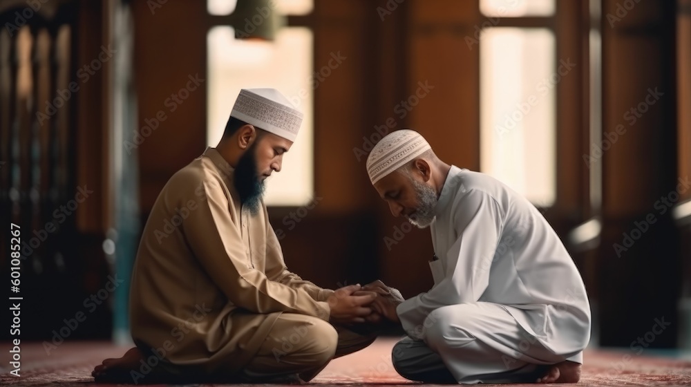 Fototapeta premium Two Muslim people praying together
