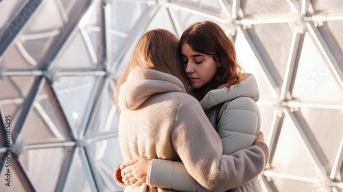 Mother comforting daughter inside protective dome