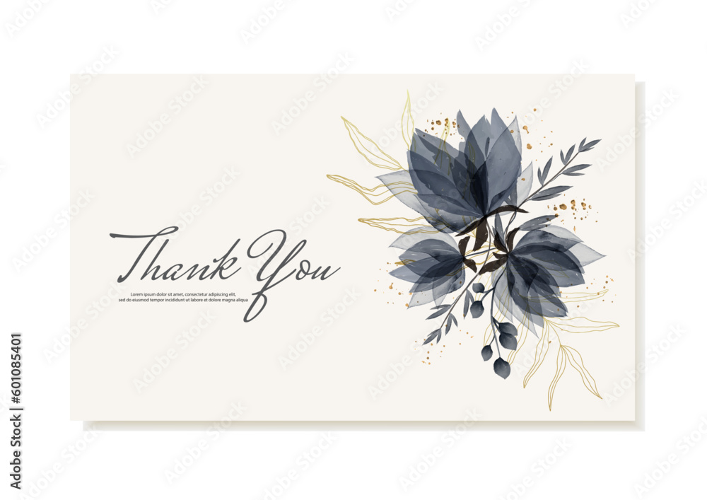 Thank you card with watercolor elegant blue flowers. Vector template ...
