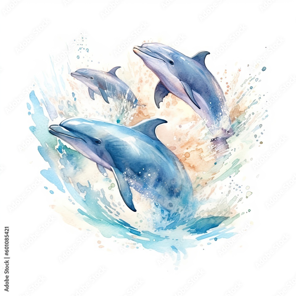 watercolor of a pod of dolphins swimming and jumping out of the water