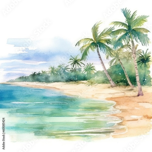 watercolor of a peaceful beach with palm trees and crystal-clear blue water © dhony