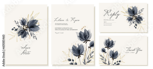 Wedding invitation and thank you cards with blue watercolor elegant flowers and gold branches. Vector template