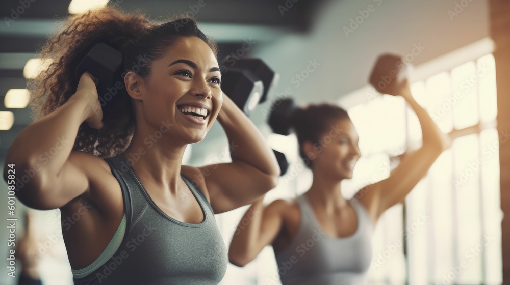 custom made wallpaper toronto digitalTwo women friends working out in gym with dumbbells