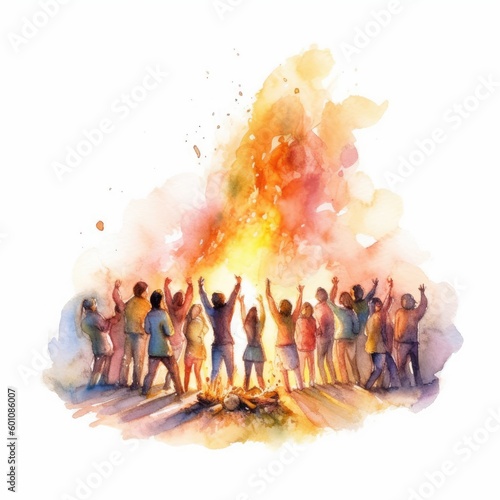 watercolor of A people dancing around a bonfire