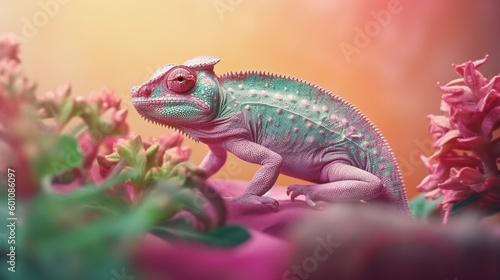 Pink chameleon sitting in the flowers, bokeh, extreme close-up, AI Generated. © Vladislava