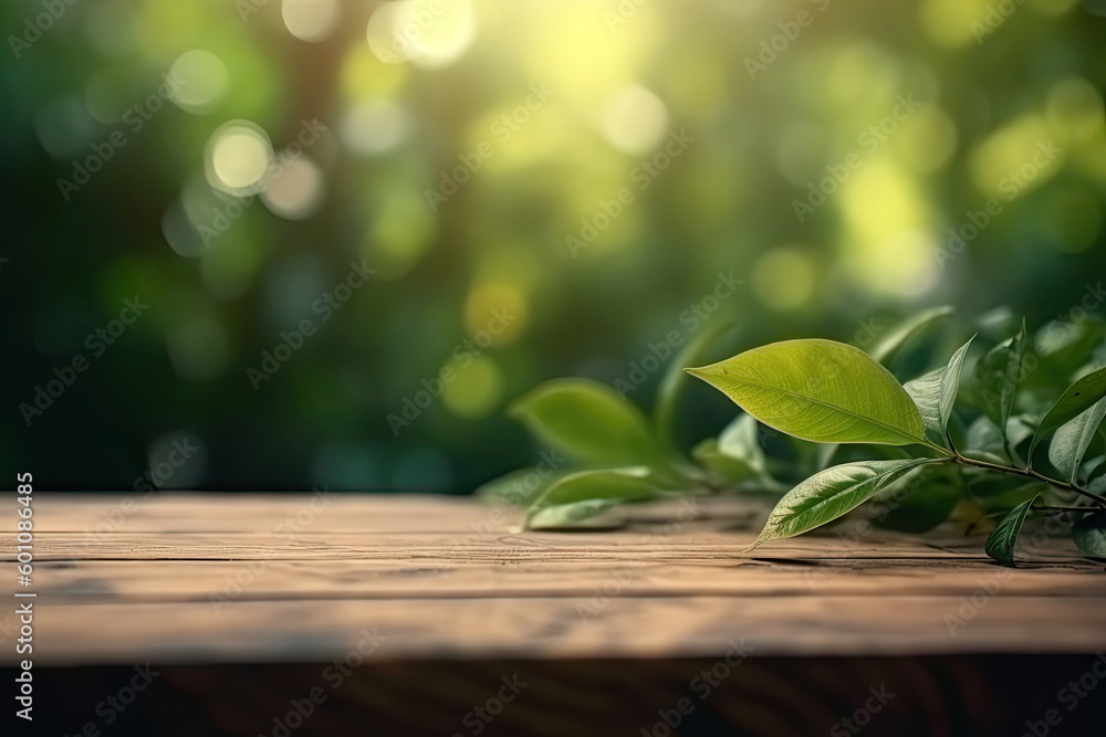 Wooden board empty table with blurred green leaf background Wooden board empty table with blurred green leaf background