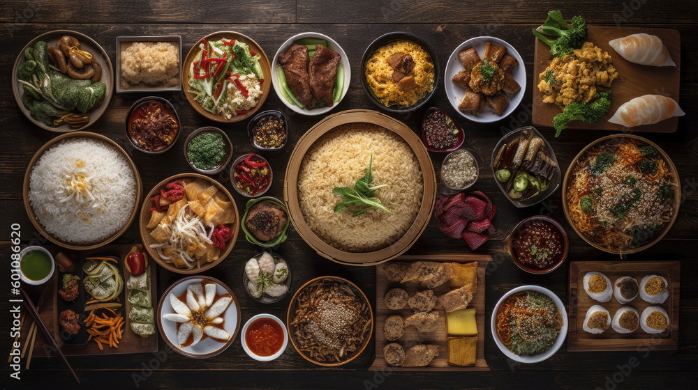 Top view of various Asian food