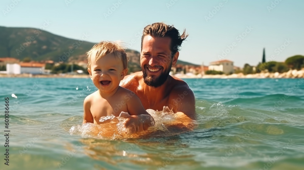 Father and toddler son playing in ocean during sunny summer Father and toddler son playing in ocean during sunny summer