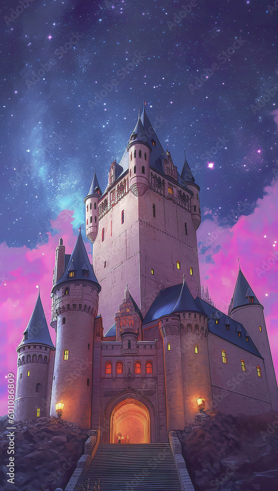 Fantasy Unveiled: A Majestic Castle Illuminated Under a Starry Pink Sky ...