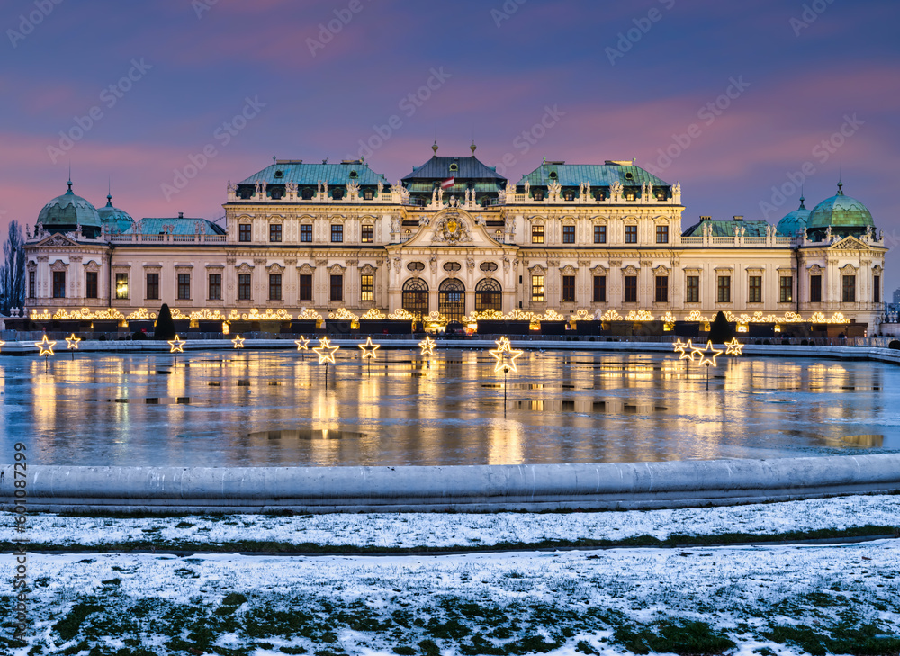 Long exposure shot of the christmas lights in at the Belvedere Palace in Vienna, Austria Long exposure shot of the christmas lights in at the Belvedere Palace in Vienna, Austria