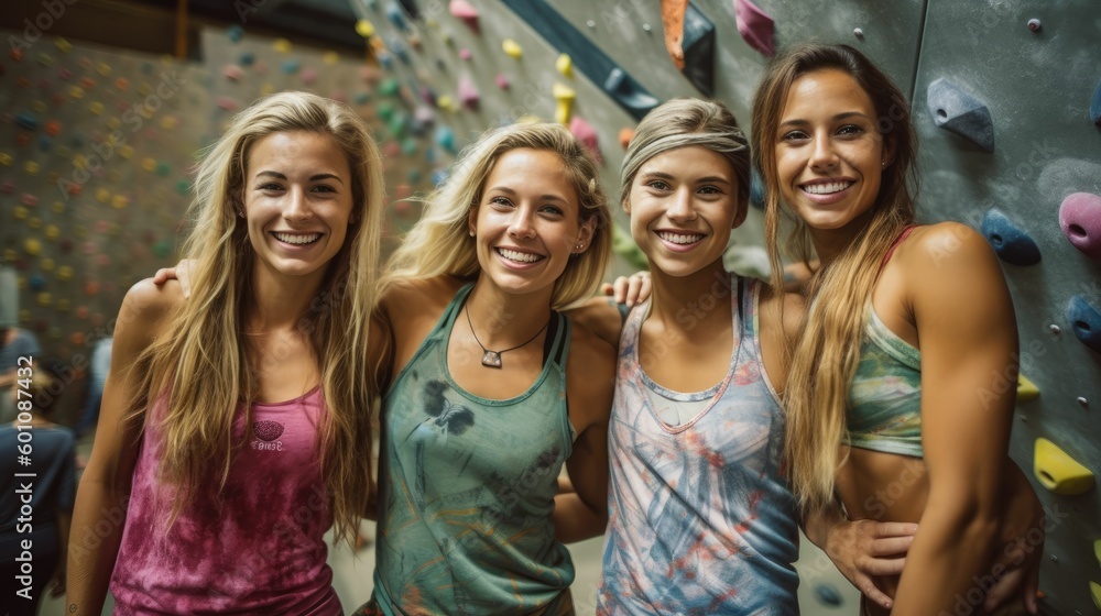 Portrait of female rock climbers at climbing center