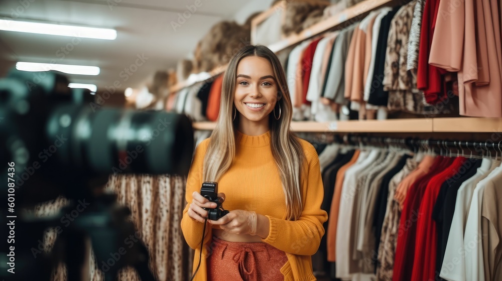 Female vlogger in clothing boutique