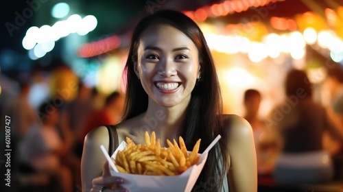 Asian woman eating fries from street food vendor at night