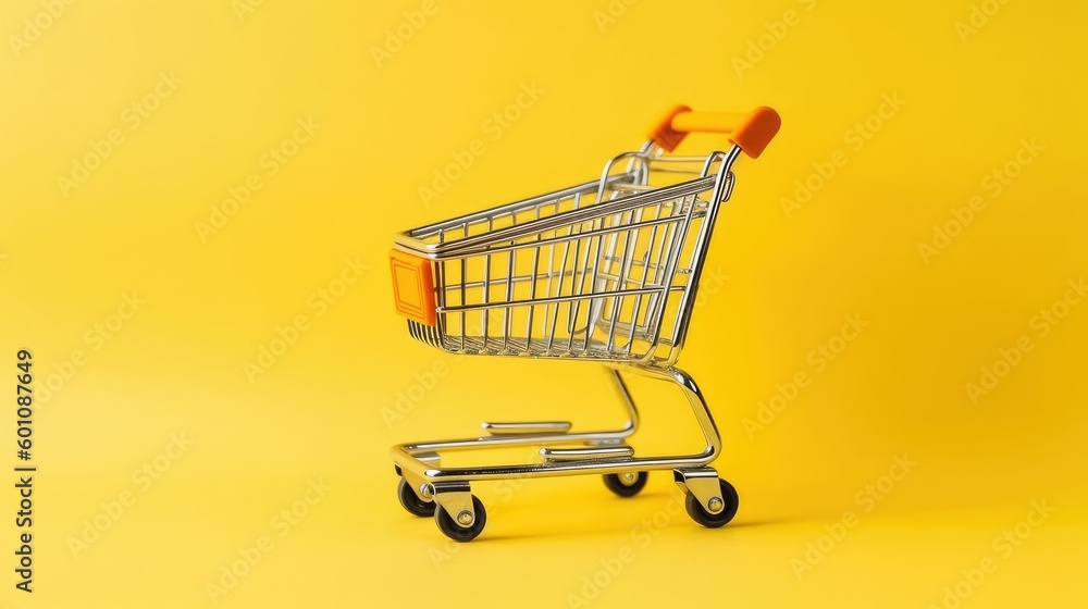 Minimalist style shopping cart on yellow background Minimalist style shopping cart on yellow background