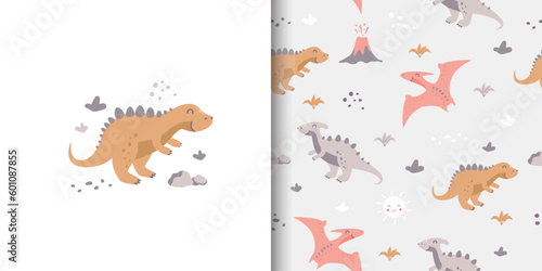 Cute Dinosaurs seamless pattern and cartoon. Children's pattern with dinos, volcano, plants in pastel color. Design for kids fashion, wrapping, wallpaper, fabric, textile