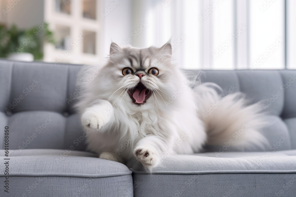 Lifestyle portrait photography of a smiling persian cat sprinting against a comfy sofa. With generative AI technology