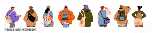 People with backpacks, tote bags, rucksacks from behind, back view. Men, women with knapsacks, purses set. Tourists and citizens backside. Flat graphic vector illustration isolated on white background