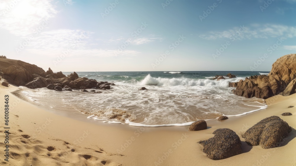 Panorama of a beautiful seashore with blue sky and soft clouds