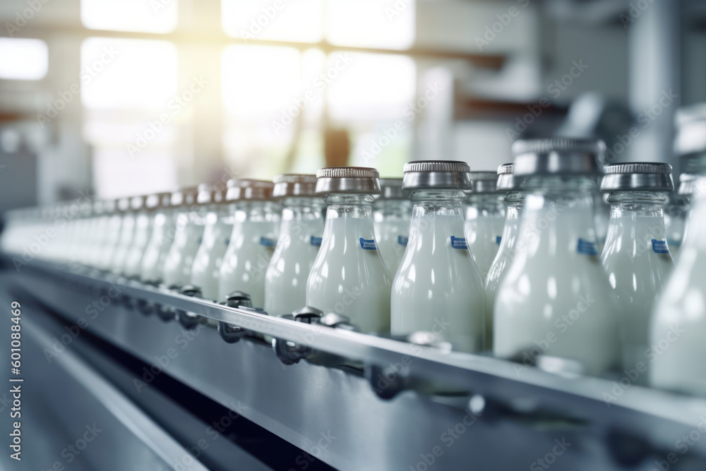 Fototapeta premium A selective focus shot of complete milk bottling line in a factory