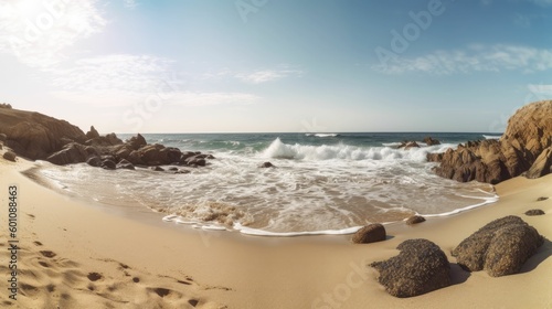 Panorama of a beautiful seashore with blue sky and soft clouds © Oliver