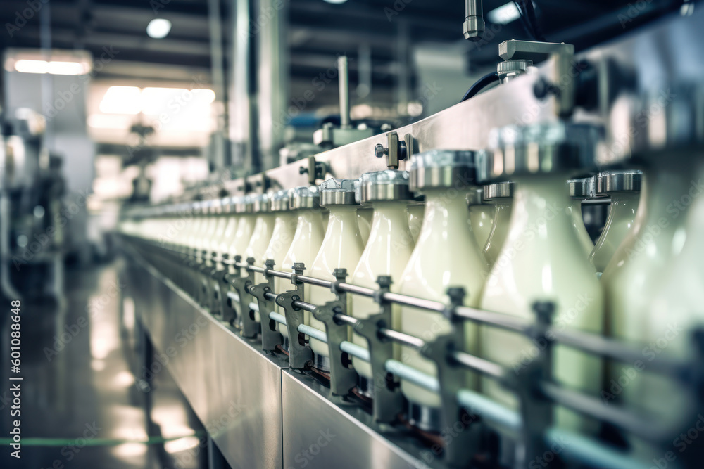A selective focus shot of complete milk bottling line in a factory A selective focus shot of complete milk bottling line in a factory