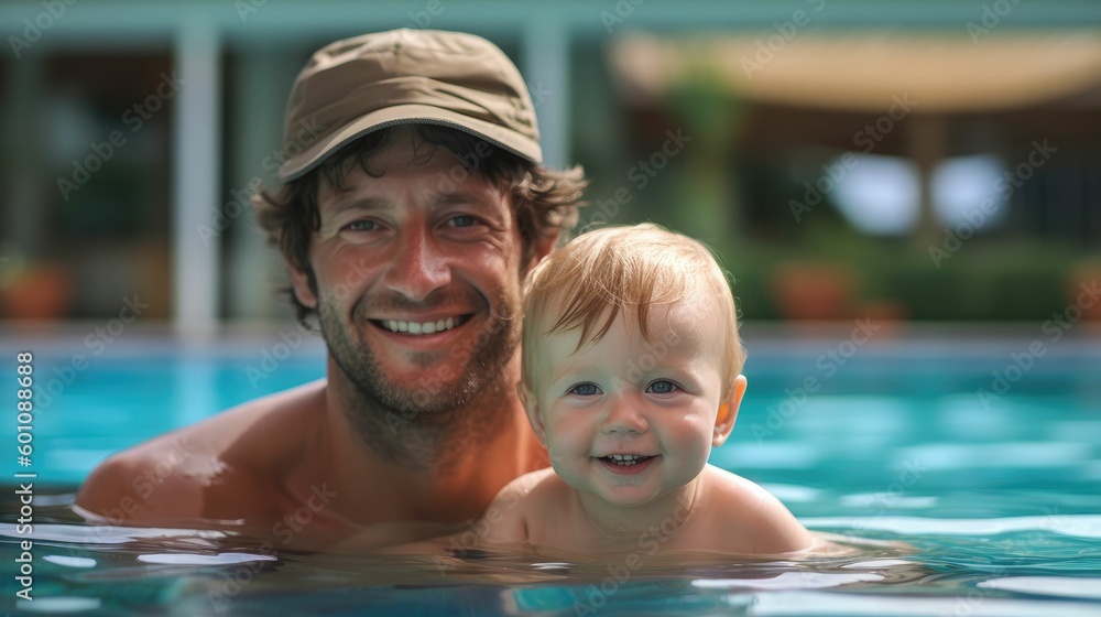 Portrait of a happy father and toddler son in a swimming pool