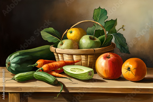 Fruits and vegetables in and around a basket on a wooden table (Generative AI, Generativ, KI)