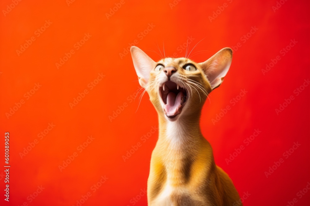 Full-length portrait photography of a curious oriental shorthair cat yawning against a vibrant colored wall. With generative AI technology