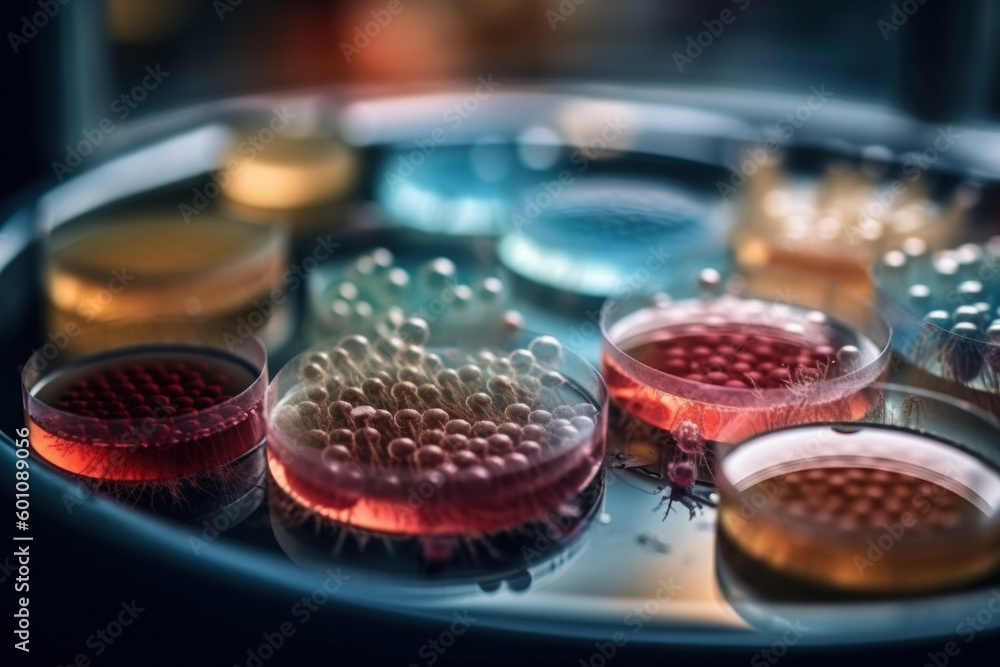 Petri dish with virus culture and blue background for biotechnology concept is AI Generative. Petri dish with virus culture and blue background for biotechnology concept is AI Generative.